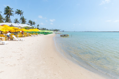 Ipojuca, PE, Brazil - October 15, 2021: Muro Alto beach, the famous paradise beach of Porto de Galinhas with warm and calm water surrounded by a reef wall.のeditorial素材