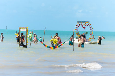 Maragogi, AL, Brazil - October 17, 2021: tourist spots to take pictures on Moses Path, Barra Grande beach. People enjoying the day at Maragogi.のeditorial素材