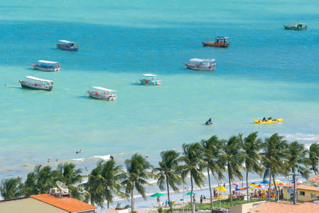 Maragogi, AL, Brazil - October 17, 2021: aerial view of Maragogi beach and tourist boats on the sea. Tourist destination of Alagoas state.のeditorial素材