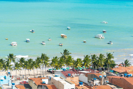 Maragogi, AL, Brazil - October 17, 2021: aerial view of Maragogi beach and tourist boats on the sea. Tourist destination of Alagoas state.のeditorial素材