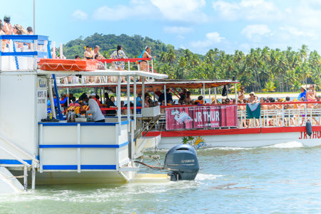 Tamandare, PE, Brazil - October 18, 2021: people on the catamaran tour between Carneiros beach and Guadalupe beach.のeditorial素材