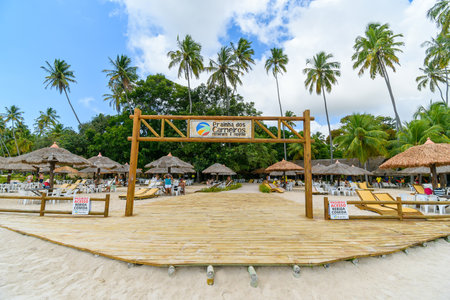 Tamandare, PE, Brazil - October 18, 2021: front view of the entrance of Prainha dos Carneiros restaurant, tourist destination for those visiting Porto de Galinhas and region.のeditorial素材