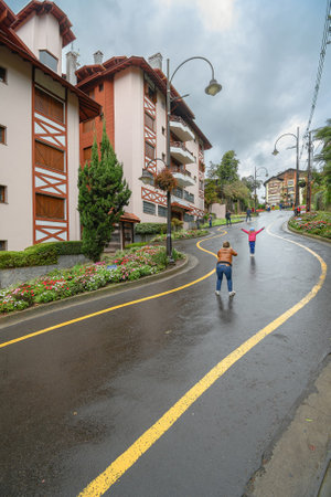 Gramado, RS, Brazil - May 17, 2022: Rua Torta street, a street with curves that is a tourist spot of Gramado.のeditorial素材