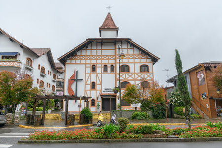 Gramado, RS, Brazil - May 19, 2022: view of Methodist Church on Borges de Medeiros avenue.のeditorial素材