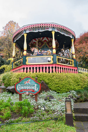 Gramado, RS, Brazil - May 19, 2022: the carousel of Casa da Montanha hotel, tourist spot of Gramado. Raining day.のeditorial素材