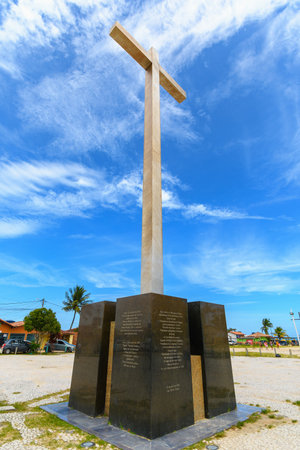 Santa Cruz Cabralia, BA, Brazil - January 05, 2023: the cross of Coroa Vermelha, monument in honor to the first mass of Brazil by the Portuguese. Tourist destination of Bahia state.のeditorial素材