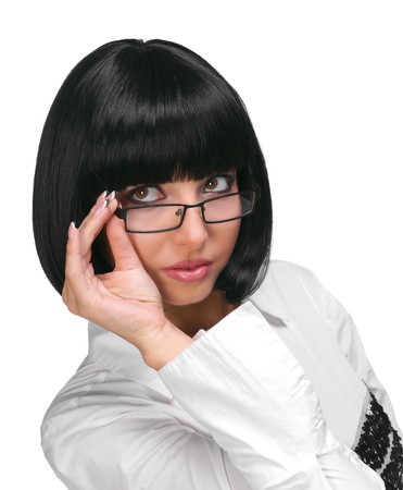 Beautiful young woman in glasses on a white backgroundの写真素材