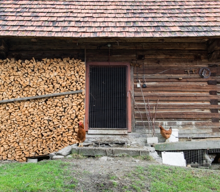 Old wooden barn with stack of firewood in villageの写真素材