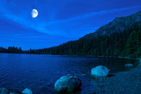 Beautiful lake Strbske pleso, High Tatras, Slovakia at nightの写真素材