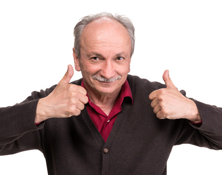 Successful man shows ok sigh on white background
