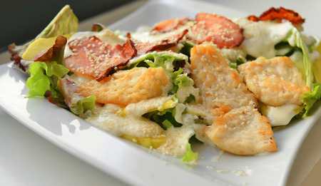 Closeup of fresh chicken salad with baconの写真素材