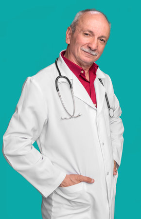 Medical doctor with stethoscope on a blue backgroundの写真素材