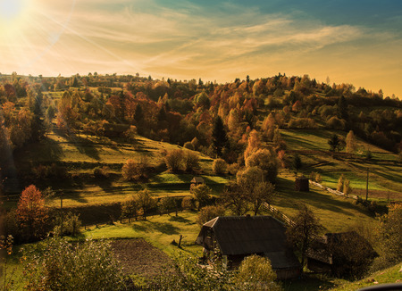 Evening autumn landscape in Carpathian mountains in Ukraineの写真素材