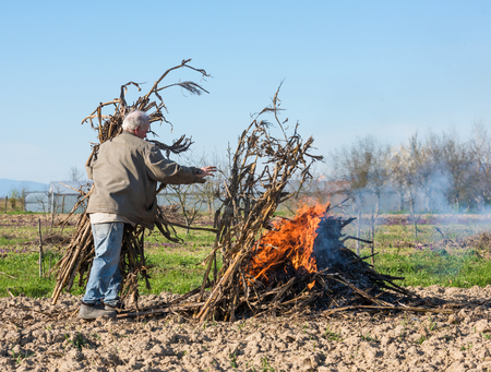 Work in the garden. Farmer raking burning dried branches. Spring timeの写真素材
