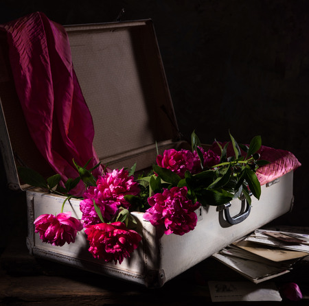 Artistic still life with peonies in old suitcase, old pics and lettersの写真素材