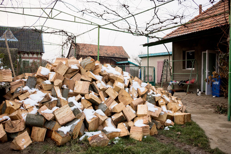 Pile of wood logs ready for winter in the garden. Wood logs texture backgroundの写真素材