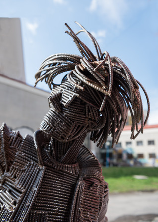 UZHGOROD, UKRAINE -APRIL 04, 2017: Monument to the founder of Pop Art Andy Warhol made of welding metal rods.のeditorial素材