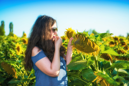 Beautiful woman enjoying summer time in the sunflower field. Woman eating fresh seeds of sunflowerの写真素材