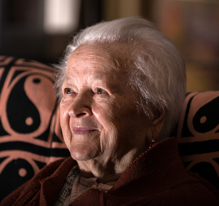 Portrait of smiling gray-haired old woman posing at home