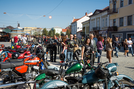 UZHHOROD, UKRAINE - OCTOBER 13, 2018: Closing the biker season in Uzhgorod, Ukraine. Biker rallyのeditorial素材