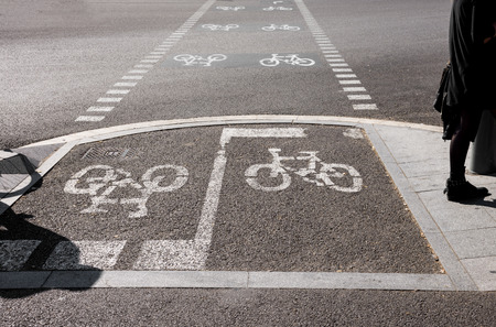 Bicycle sign on lane. Road marking in Barcelona, Spain. Bicycle lane