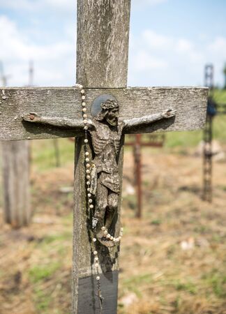 SIAULIAI, LITHUANIA - JULY 28, 2019: The Crucifixion of Christ at the Hill of Crosses. Hill of Crosses is a unique monument of history and religious folk artのeditorial素材