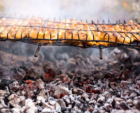 Grilling spiced chicken in grid on charcoal bbq