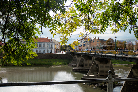 UZHHOROD, UKRAINE - OCTOBER 15, 2019: Streets and architecture of the old city of Uzhgorod in Ukraine in autumn timeのeditorial素材