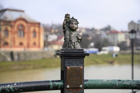 UZHHOROD, UKRAINE -JANUARY 30, 2020: Bronze mini sculpture of the Statue of Liberty, the smallest Ukrainian lighthouse. The author of the sculpture is Mikhail Kolodkaのeditorial素材