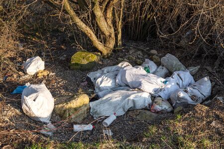 Garbage in the forest. People illegally throwing garbage into the forest.  Illegal garbage dump in...