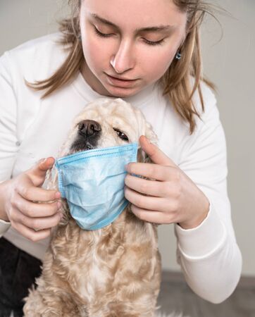 Coronavirus pandemic precautions. Teen girl and dog in protective mask at homeの写真素材