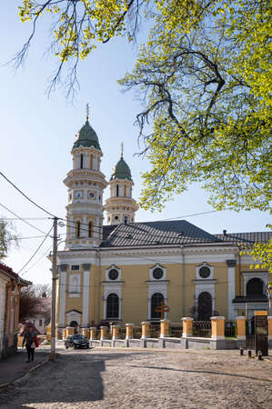 UZHHOROD, UKRAINE - APRIL 12, 2020: Greek Catholic Cathedral in Uzhgorod, Ukraine....