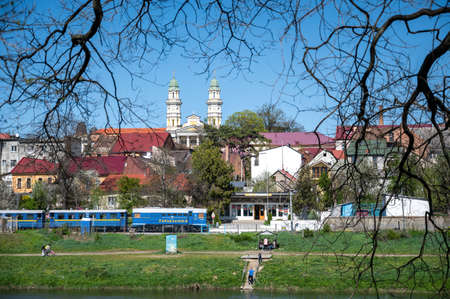UZHHOROD, UKRAINE - APRIL 18, 2020: Streets and architecture of the old city of Uzhhorod in Ukraine