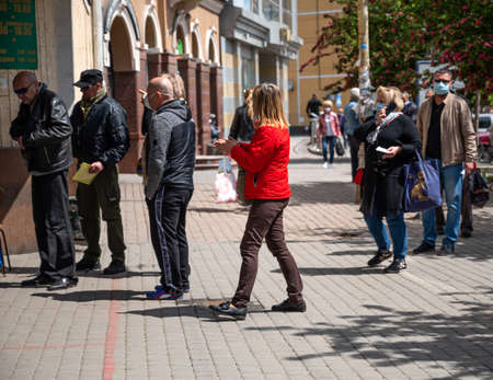 UZHHOROD, UKRAINE - MAY 07, 2020: Queue to the market during an epidemic in the city of Uzhhorod....