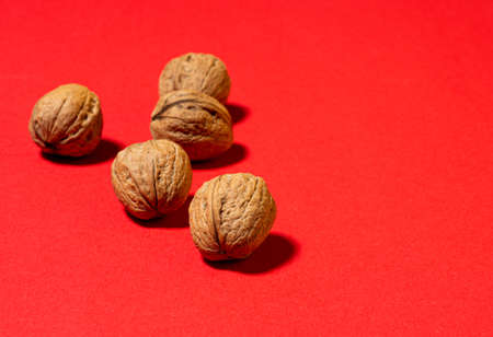Whole walnuts on a red backgroundの写真素材