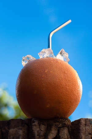 Natural fresh fruit juice concept. Red Grapefruit with metal straw and ice cubes