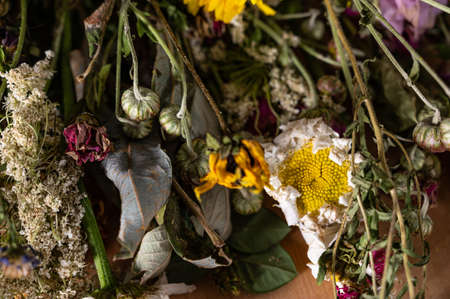 Bunch of dried flowers on the tableの写真素材