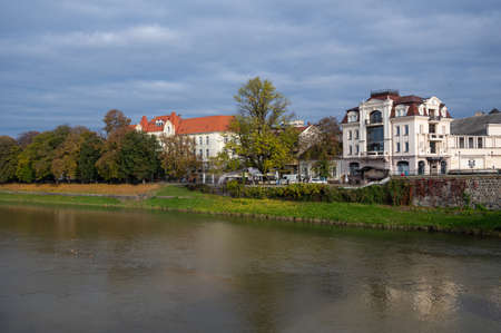 UZHHOROD, UKRAINE - NOVEMBER 6, 2020: Streets and architecture of the old city of Uzhgorod in...