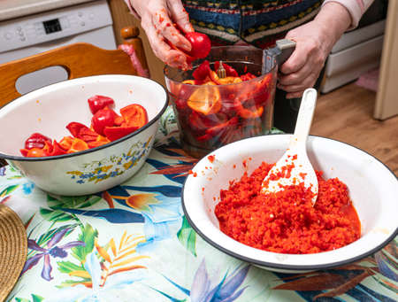 Food concept. Woman preparing adjika sauce at home