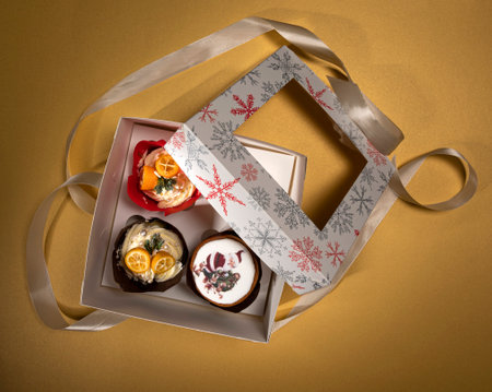 Christmas Dessert. Nicely decorated muffins in a box on a yellow backgroundの写真素材