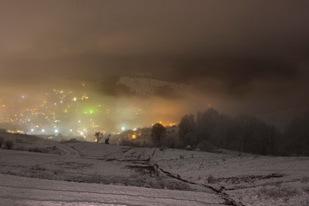 Winter landscape of Volovets town in New year's night  in Ukraineの写真素材