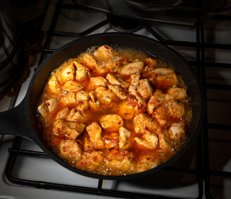 Stewed chicken meat cooking in a panの写真素材