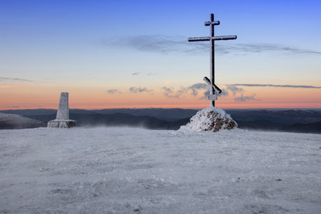 The ridge Polonyna Rune in Carpathian Mountains, Ukraine  in winterの写真素材