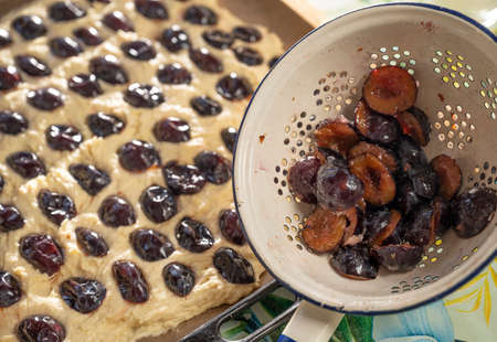 Homemade food concept. Preparation of delicious plum pie at homeの写真素材