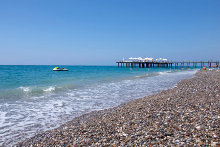 Orensehir, Turkey - August 27,2021: Pebble beach on a turkish resort in Turkeyのeditorial素材
