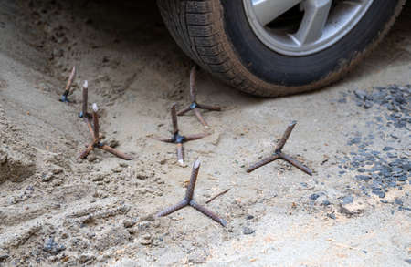 War of Russia against Ukraine.  Spikes to puncture the tires of Russian military vehicles during the...