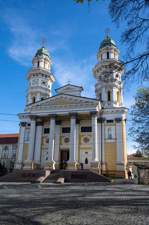 UZHHOROD, UKRAINE - APRIL 14, 2022: Greek Catholic Cathedral in Uzhgorod, Ukraine....