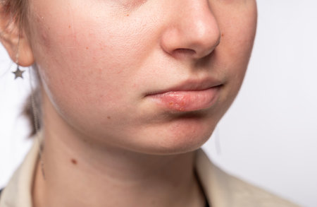 Close up of girl lips affected by herpesの写真素材