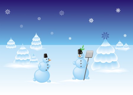 Snowman near the christmas trees, under the winter night skyのイラスト素材