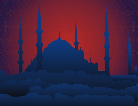night silhouette of oriental mosque on ancient arabesque background